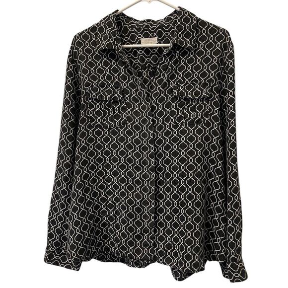 Charter Club Tops - Charter Club Sz XL Linen Blouse Top Black White Long Sleeves Roll Tab